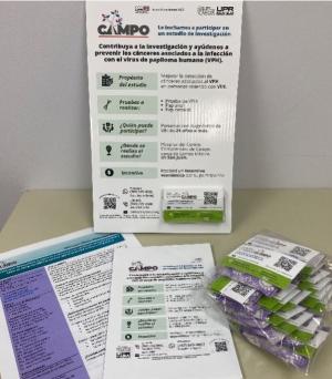 CAMPO promotional materials: counter topper poster with CAMPO cards, condoms with CAMPO cards, flyers for patients, and informative sheets for healthcare providers.