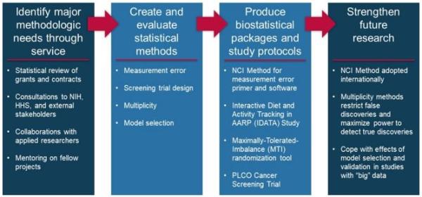 A four step biometry methodolgy: (1) Identify major methodologic needs through service, (2) create and evaluate statistical methods, (3) produce boistatistical packages and study protocols, (4) strengthen future research.