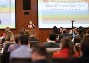Dr. Brandy Heckman-Stoddard presentating a welcome to the new grantees.