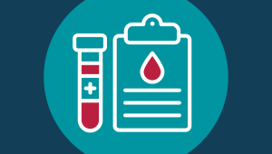 An illustration of a test tube filled with blood next to a clipboard.