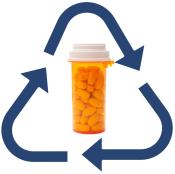 An image of a prescription bottle encircled with a reusable symbol.